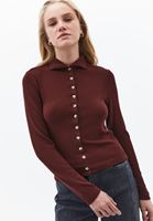 Bayan Kahverengi Yüksek Yaka Düğmeli Bluz