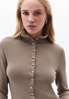 Bayan Kum Beji Yüksek Yaka Düğmeli Bluz