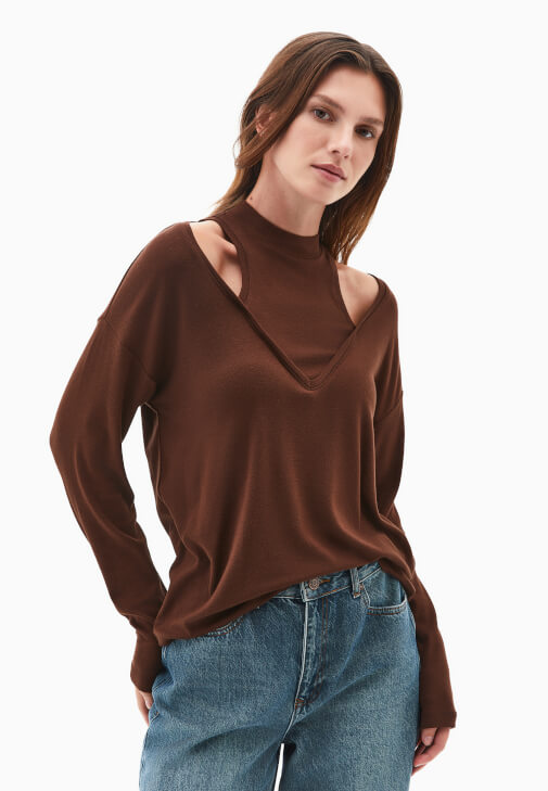 Kahverengi Yüksek Yaka Oversize Tişört