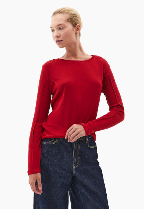 Kırmızı Sıfır Yaka Uzun Kollu Tişört