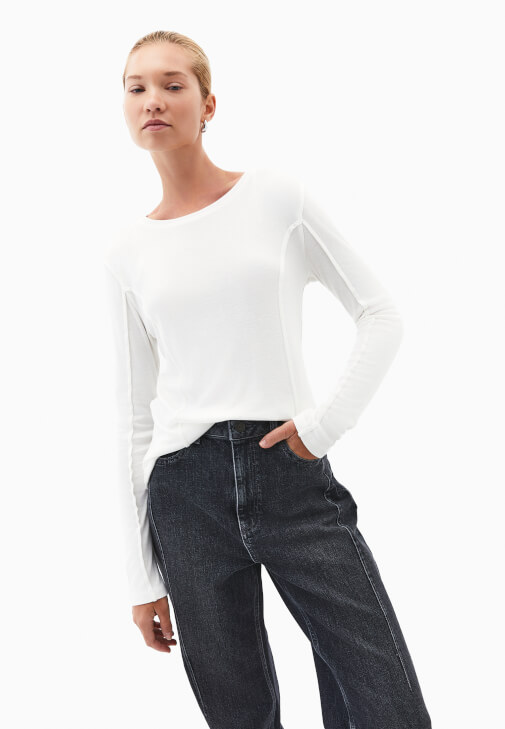 Krem Sıfır Yaka Uzun Kollu Tişört