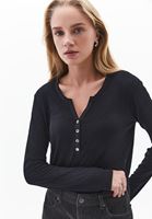 Bayan Siyah Loose-Fit Uzun Kollu Tişört