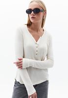 Bayan Krem Loose-Fit Uzun Kollu Tişört