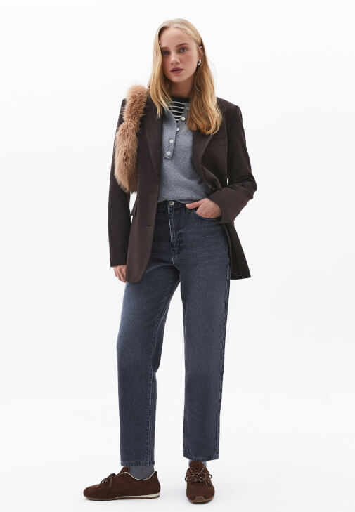 Gri Mom-Fit Denim Pantolon