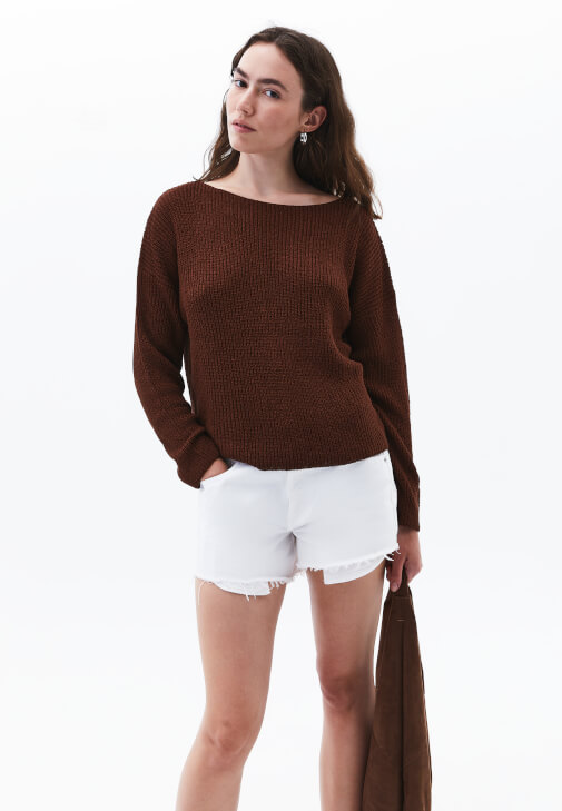 Kahverengi Bot Yaka Triko Kazak