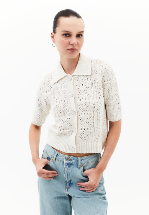 Krem Düğme Detaylı Triko Hırka