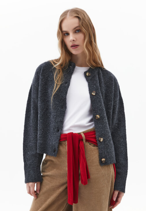Füme Yün Karışımlı Düğmeli Hırka