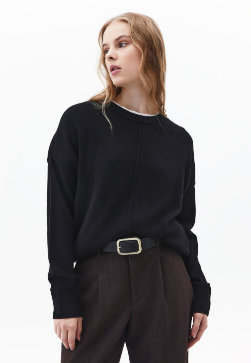 Siyah Kaşmir Karışımlı Yün Kazak