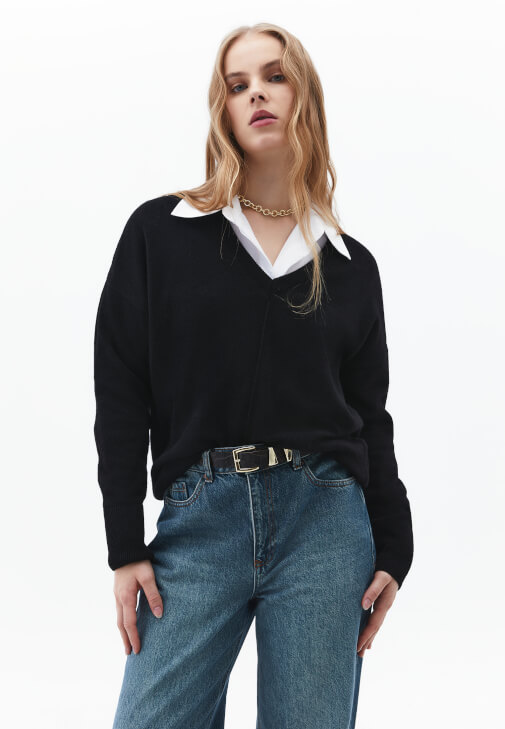 Siyah Kaşmir Karışımlı Yün Kazak