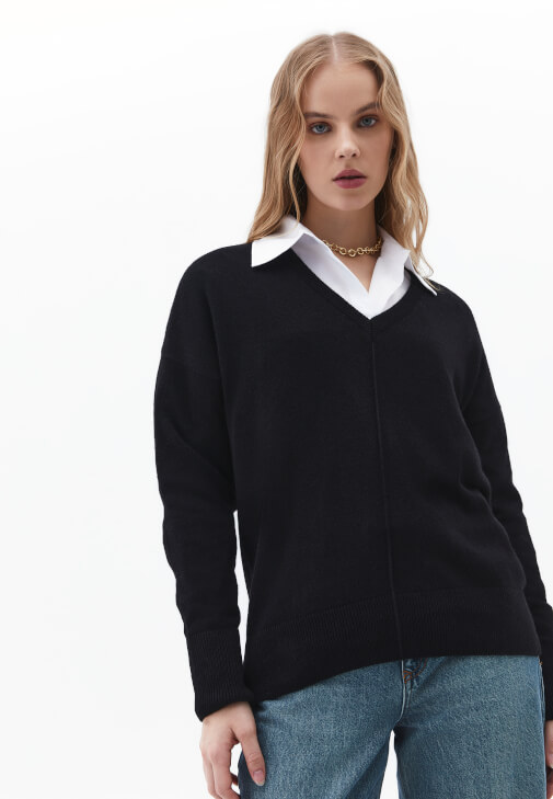 Kaşmir V Yaka Kazak ve Pantolon Kombini