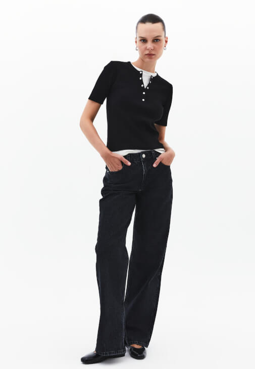 Siyah Orta Bel Straight-Fit Pantolon