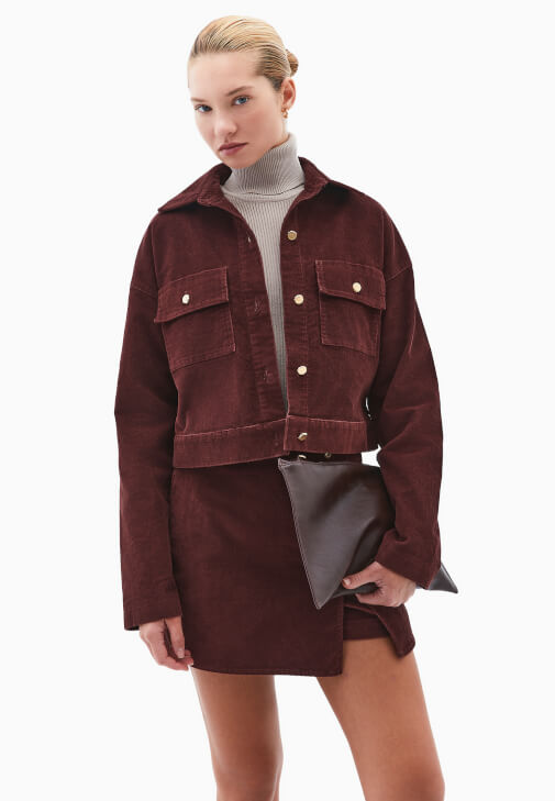 Kahverengi Oversize Crop Kadife Ceket