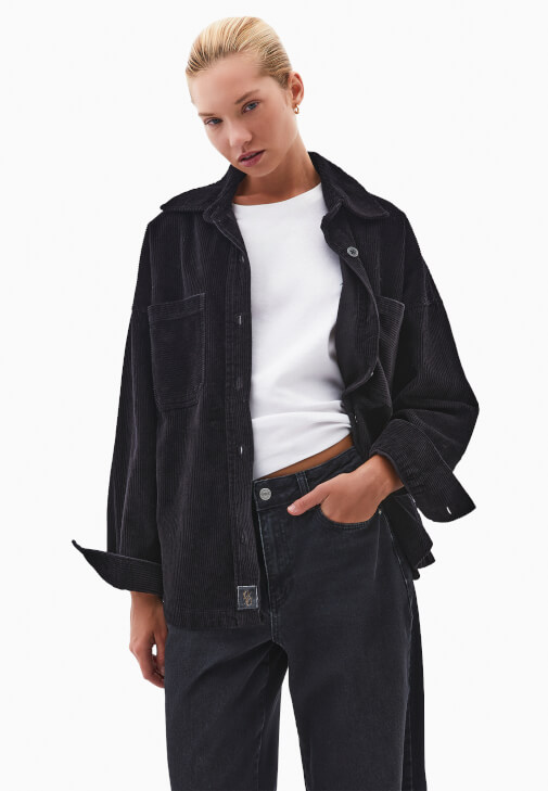 Siyah Oversize Kadife Gömlek