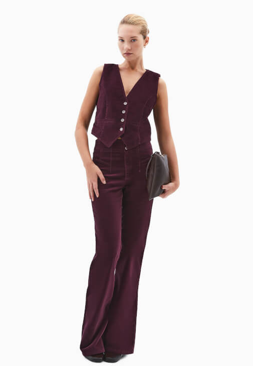 Bordo Kadife Flare Pantolon