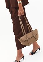 Bayan Bej Askılı Süet Omuz Çantası 