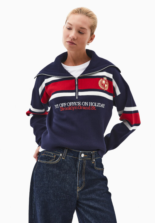 Çok Renkli Polo Yaka Fermuarlı Kazak