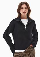 Bayan Siyah Fermuarlı Polo Yaka Kazak