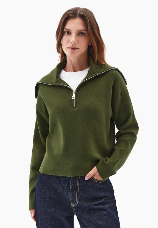 Fermuarlı Kazak ve Yüksek Bel Denim Kombini