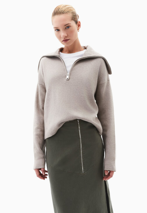 Kum Beji Fermuarlı Polo Yaka Kazak