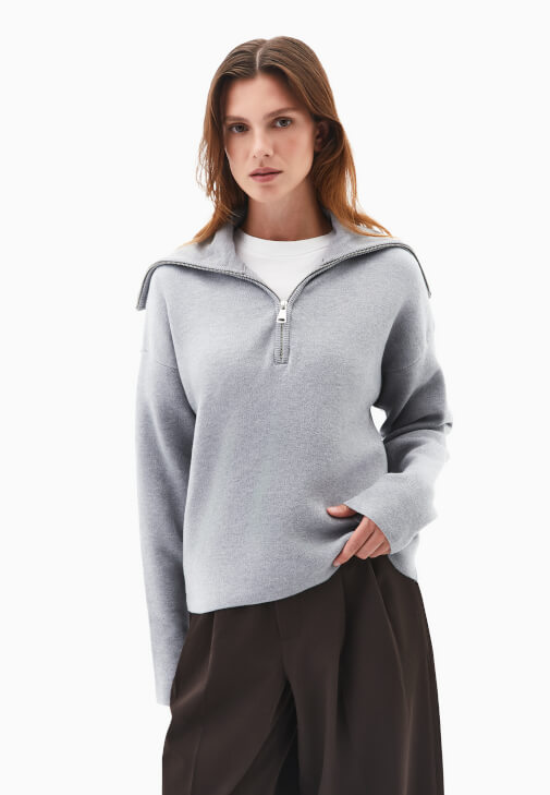 Polo Yaka Kazak ve Wide-Leg Kumaş Pantolon Kombini