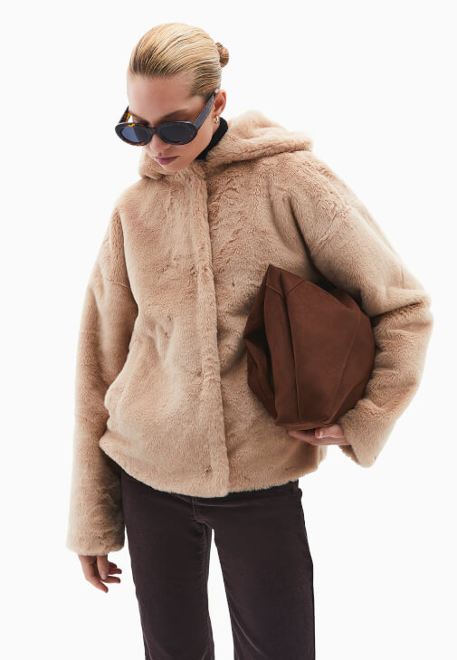 Kahverengi Kapüşonlu Vegan Kürk Ceket