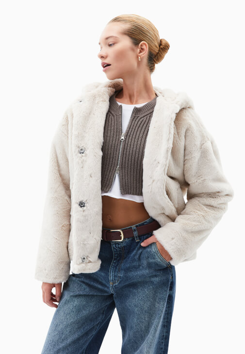 Krem Kapüşonlu Vegan Kürk Ceket