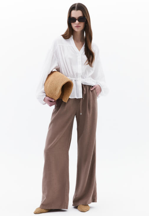Kahverengi Keten Karışımlı Wide-Leg Pantolon
