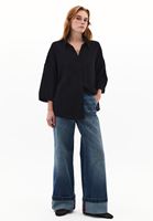 Bayan Siyah Keten Karışımlı Oversize Gömlek