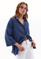 Bayan Mavi Keten Karışımlı Oversize Gömlek