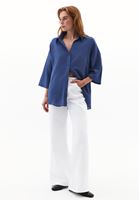 Bayan Mavi Keten Karışımlı Oversize Gömlek