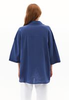 Bayan Mavi Keten Karışımlı Oversize Gömlek