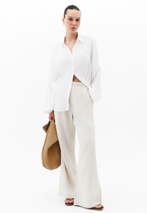 Çok Renkli Keten Karışımlı Wide-Leg Pantolon