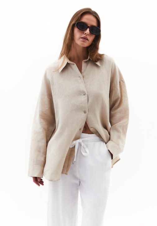 Bej Keten Düğmeli Gömlek