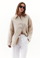 Bayan Bej Keten Düğmeli Gömlek