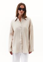 Bayan Bej Keten Düğmeli Gömlek