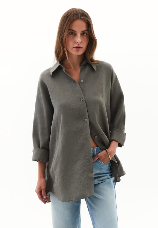 Yeşil Keten Düğmeli Gömlek