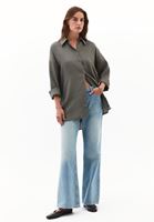Bayan Yeşil Keten Düğmeli Gömlek