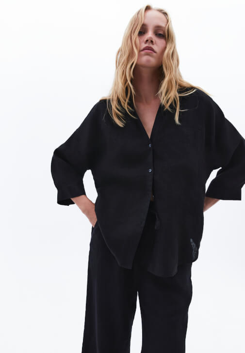 Siyah Keten Oversize Gömlek