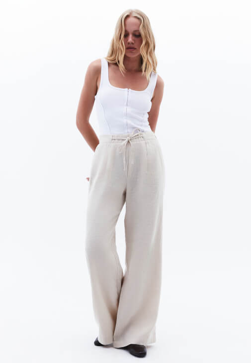 Bej Keten Wide-Leg Pantolon