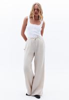 Bayan Bej Keten Wide-Leg Pantolon