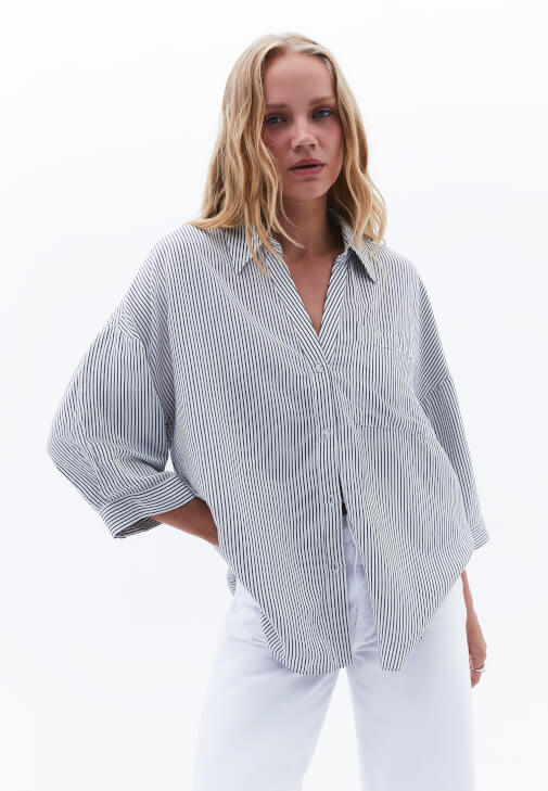 Lacivert Keten Karışımlı Oversize Gömlek