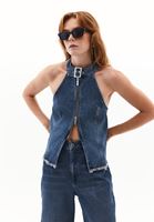 Bayan Mavi Halter Yaka Denim Bluz