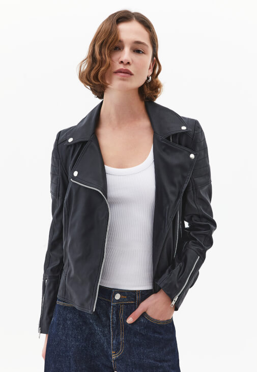 Siyah Fermuarlı Vegan Deri Ceket