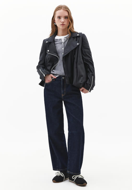 Fermuarlı Deri Ceket ve Pantolon Kombini