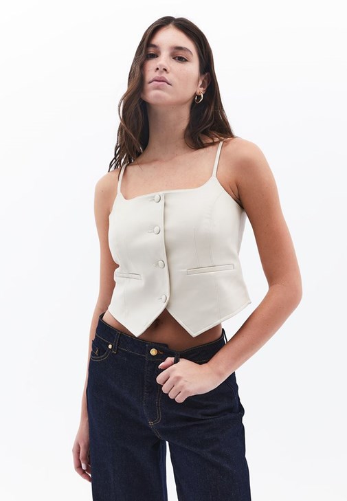 Krem Vegan Deri Crop Yelek