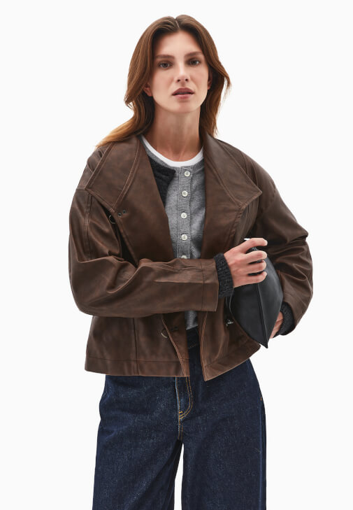 Kahverengi Vegan Deri Yıkamalı Ceket