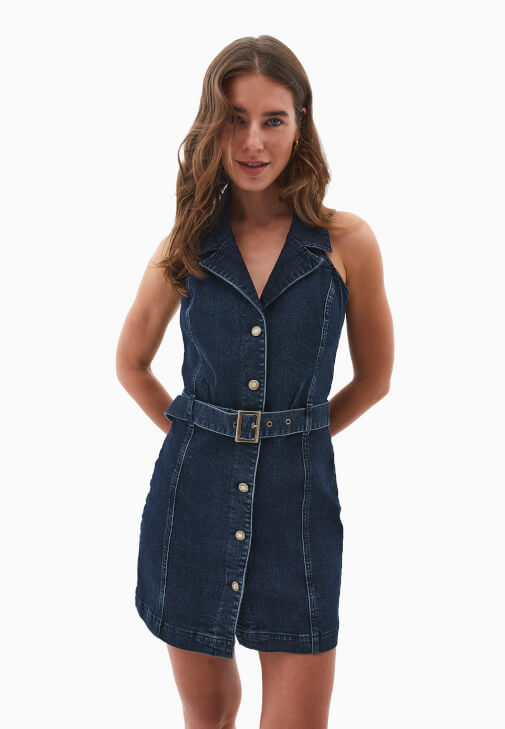 Denim Mini Elbise ve Topuklu Terlik Kombini