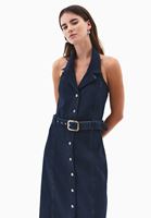 Bayan Mavi Kemerli Uzun Denim Elbise