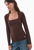 Bayan Kahverengi Modal Kare Yaka Tişört