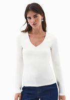 Bayan Krem Modal V Yaka Tişört